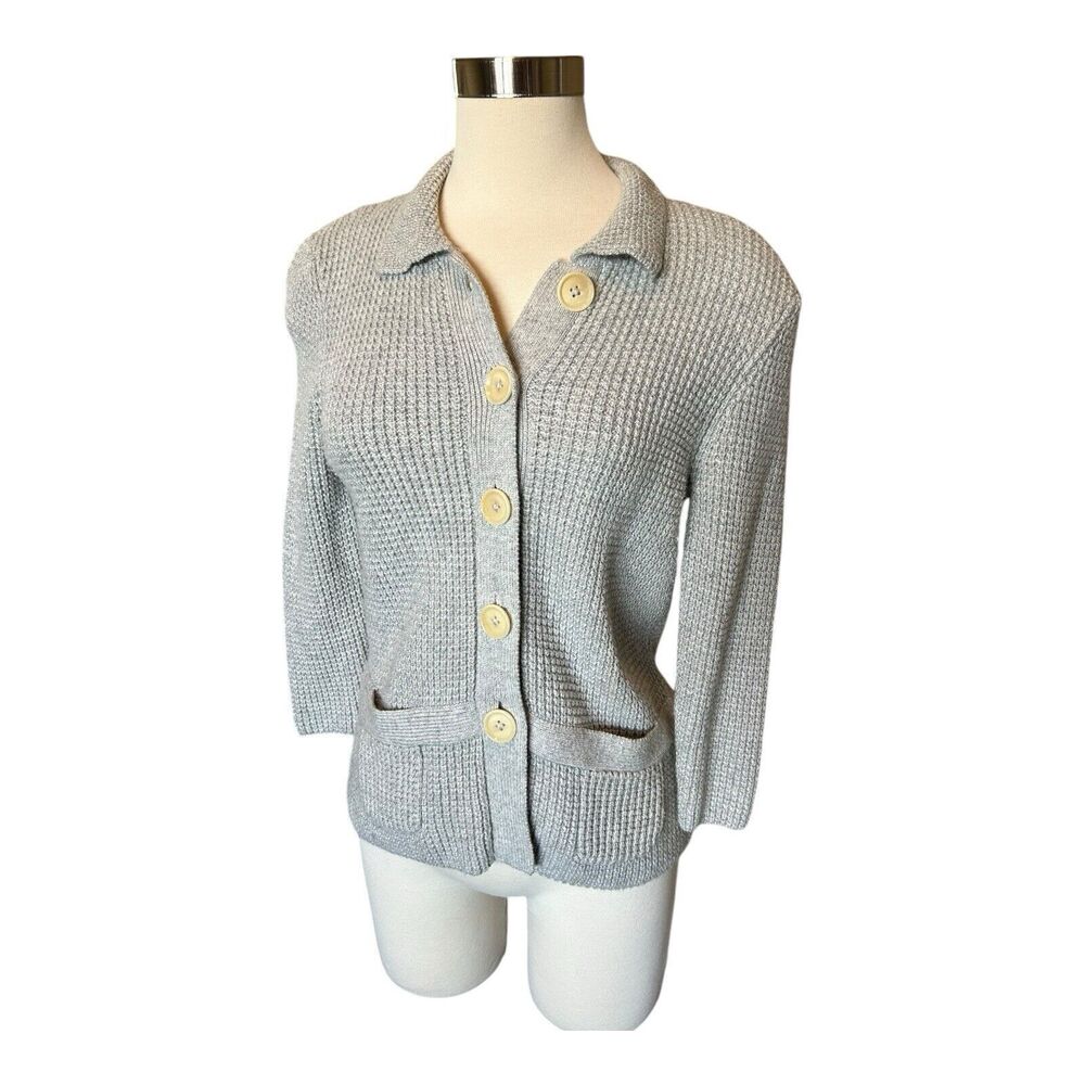AA23 Boden Waffle Sweater Cardigan Gray Sz 14 Pockets Cotton Cashmere Angora